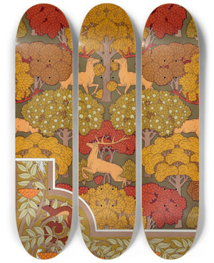Triptych art skateboard deck of Maurice Pillard Verneuil Cerfs Et Arbres Papier Peint Cureuil Oiseaux Et Sorbier Bordure by Maurice Pillard Verneuil (1869-1942)