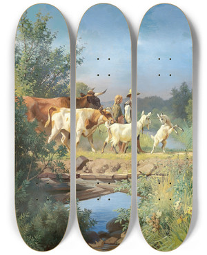 Triptych art skateboard deck of Adolf Mackeprang Over Broen by Adolf Mackeprang (1833-1911)