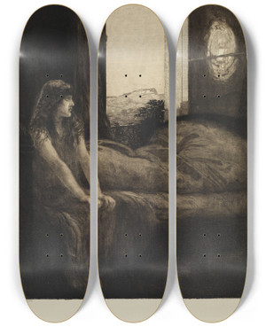Triptych art skateboard deck of Max Klinger Erwachen Eine Liebe Opus X Blatt 8 by Max Klinger (1857-1920)