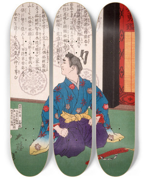 Triptych art skateboard deck of Tsukioka Yoshitoshi Hakomaru Kneeling By A Short Sword by Tsukioka Yoshitoshi (1839-1892)