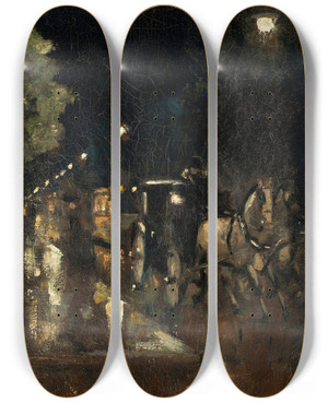 Triptych art skateboard deck of Lesser Ury Strae Bei Nacht Im Regen Berlin by Lesser Ury (1861-1931)