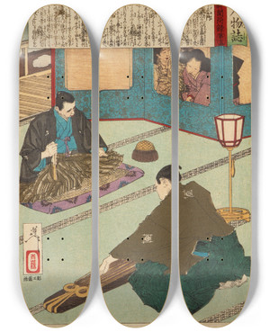 Triptych art skateboard deck of Tsukioka Yoshitoshi Egawa Tarzaemon Playing The Koto by Tsukioka Yoshitoshi (1839-1892)