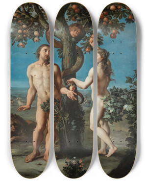 Triptych art skateboard deck of Flemish School The Temptation by Flemish School