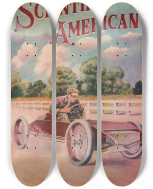 Triptych art skateboard deck of C Figaro Scientific American Automobile Number by C Figaro (20-)