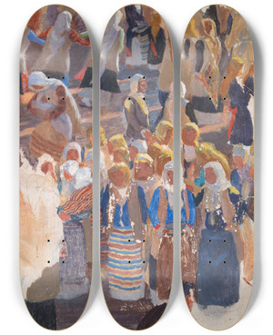 Triptych art skateboard deck of Niels Skovgaard Grupper Af Dansende Kvinder Megara by Niels Skovgaard (1858-1938)