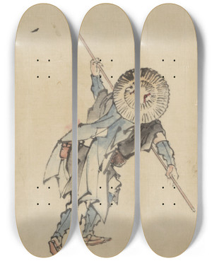 Triptych art skateboard deck of Katsushika Hokusai Rear View Of A Man Fulllength Standing Wearing Several Layers Of Clothing And A Roundedtop Conical Hat by Katsushika Hokusai (1760-1849)