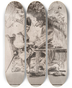 Triptych art skateboard deck of Flix Bracquemond Don Quichote After Goya by Felix Bracquemond (1833-1914)
