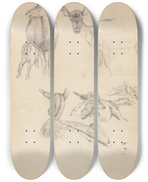 Triptych art skateboard deck of Robert Hills Deer And Their Young by Robert Hills (1769-1844)