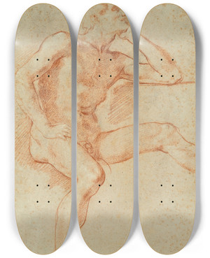 Triptych art skateboard deck of Baldassarre Franceschini Study Of A Male Nude Seated Resting His Chin On His Left Hand by Baldassarre Franceschini (1611-1689)
