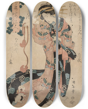 Triptych art skateboard deck of Utagawa Kuniyasu Courtesan by Utagawa Kuniyasu (1794-1834)
