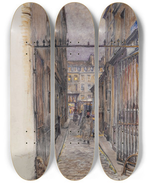Triptych art skateboard deck of Frdric Houbron Rue Des Oiseaux March Des Enfantsrouges Le Soir 3Me Arrondissement by Frederic Houbron (1851-1908)