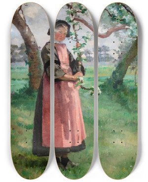 Triptych art skateboard deck of Fanny Fleury Under The Cherry Blossoms by Fanny Fleury (1846-1923)