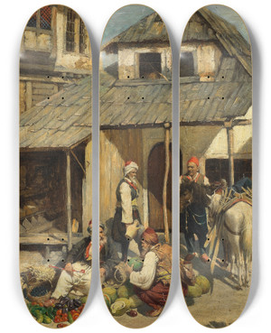 Triptych art skateboard deck of Daniel Israel The Fruit Seller by Daniel Israel (1859-1901)