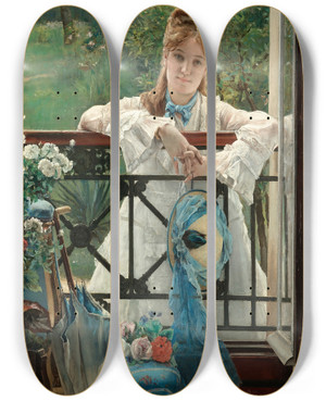 Triptych art skateboard deck of Alfred Stevens Un Bleuet The Blue Ribbon by Alfred Stevens (1817-1875)