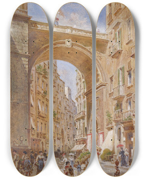 Triptych art skateboard deck of Franz Alt Neapel Chiaiabrcke by Franz Alt (1821-1914)