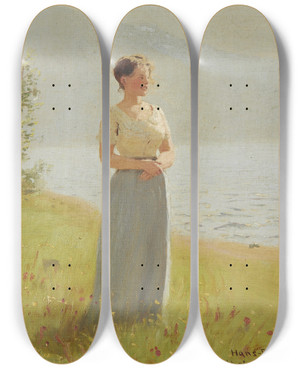 Triptych art skateboard deck of Hans Dahl Girl Beside A Fjord by Hans Dahl (1849-1937)