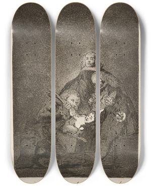 Triptych art skateboard deck of Francisco De Goya Qual La Descaonan How They Pluck Her by Francisco de Goya (1746-1828)