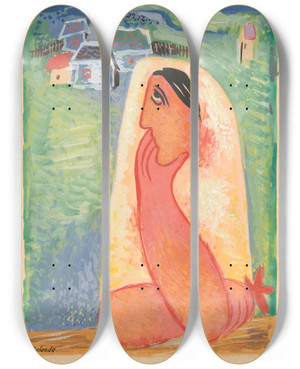 Triptych art skateboard deck of Mikul Galanda A Villager by Mikulas Galanda (1895-1938)