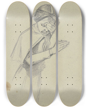 Triptych art skateboard deck of Jakob Becker Angelehntes Mdchen Die Hand Vor Dem Gesicht by Jakob Becker (1810-1872)