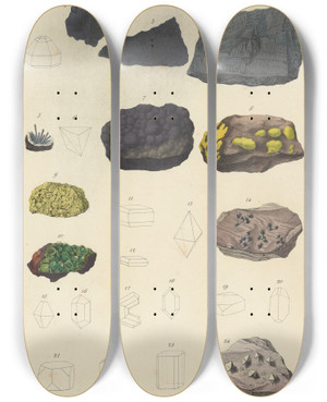 Triptych art skateboard deck of Johann Gottlob Kurr Plate Xxi Bismuth Ores Uranium Ores Titanium Ores Tantalum Ores Wolfram Ores by Johann Gottlob Kurr (1798-1870)
