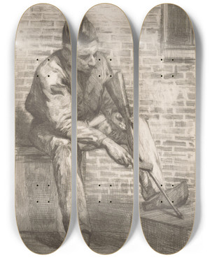 Triptych art skateboard deck of Heinrich M Krabb Soldier Cleaning His Rifle by Heinrich M Krabbe (1868-1931)