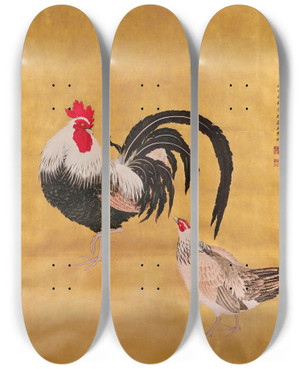 Triptych art skateboard deck of Kishi Ganku A Japanese Scroll Depicting A Cockerel And Hen by Kishi Ganku (1749-1839)