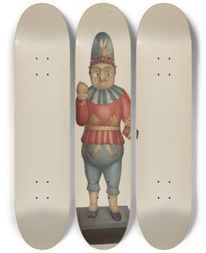 Triptych art skateboard deck of Robert Pohle Cigar Store Figure Punch by Robert Pohle