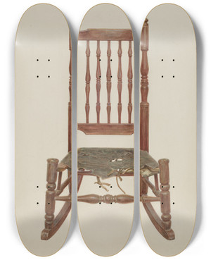 Triptych art skateboard deck of Frank M Keane Rocking Chair With Rawhide Seat by Frank M Keane
