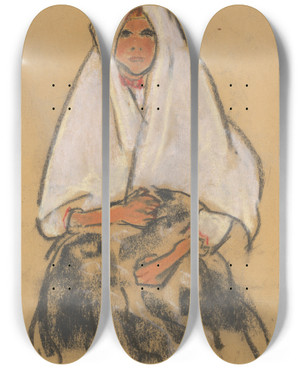 Triptych art skateboard deck of Zolo Palugyay Girl In A White Scarf by Zolo Palugyay (1898-1935)
