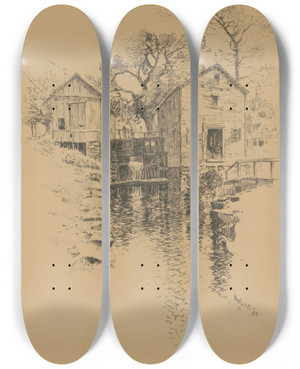 Triptych art skateboard deck of Charles Frederick William Mielatz Old Mill Van Cortlandt Park by Charles Frederick William Mielatz (1864-1919)