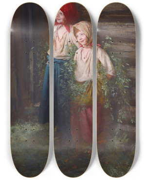 Triptych art skateboard deck of Kirill Vikentevich Lemokh Village Girls by Kirill Vikentevich Lemokh (1841-1910)