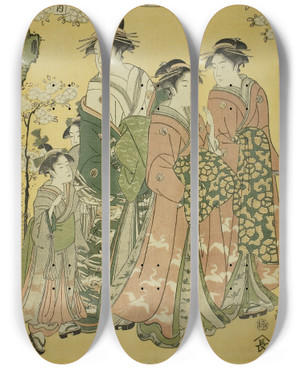 Triptych art skateboard deck of Eishsai Chki The Courtesan Hinazuru Of The Chojiya And Her Attendants by Eishosai Choki (1786-1808)