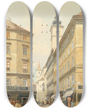 Triptych art skateboard deck of Franz Poledne Weihburggasse by Franz Poledne (1873-1932)