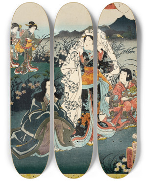 Triptych art skateboard deck of Utagawa Kunisada Toyokuni Iii Murasaki Shikibu In Hiding From The Tale Of Genji Chapter Night Plum by Utagawa Kunisada (Toyokuni III) (1786-1865)
