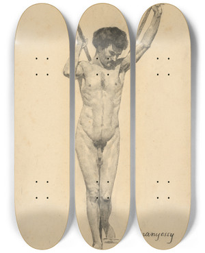 Triptych art skateboard deck of Kos Aranyossy Tdia Aktu Mua So Zdvihnutmi Rukami by kos Aranyossy