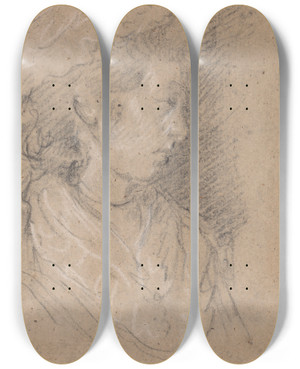 Triptych art skateboard deck of Thomas Gainsborough Study Of A Woman In A Mob Cap by Thomas Gainsborough (1727-1788)