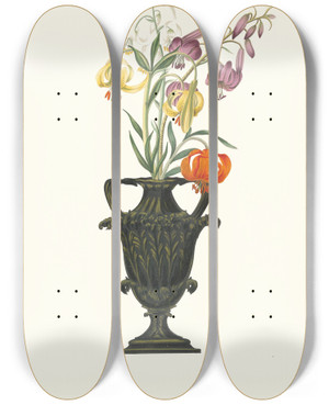 Triptych art skateboard deck of Priscilla Susan Bury Lilium Pomponium Lilium Chalcedonicum by Priscilla Susan Bury (1799-1872)