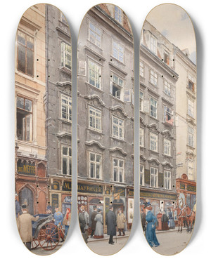 Triptych art skateboard deck of Franz Poledne Kohlmarkt In Vienna And The Kunsthandlung Artaria Carriages A Post Man And Shopping Strollers by Franz Poledne (1873-1932)