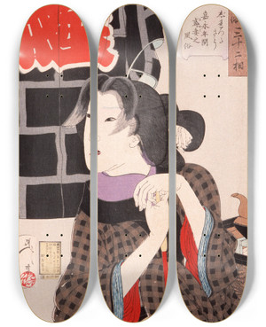 Triptych art skateboard deck of Tsukioka Yoshitoshi Expectant The Wife Of A Fireman In The Kaei Period 18481853 by Tsukioka Yoshitoshi (1839-1892)