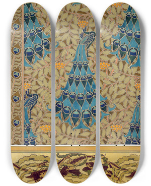 Triptych art skateboard deck of Maurice Pillard Verneuil Paons Dans Les Sorbiers Pochoir Poissons Et Algues Bordure by Maurice Pillard Verneuil (1869-1942)