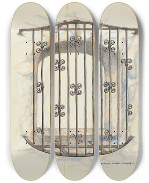 Triptych art skateboard deck of Harry Mann Waddell Iron Grille At Window_1 by Harry Mann Waddell (1876-1956)