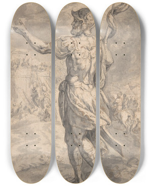 Triptych art skateboard deck of Crispijn Van Den Broeck Levi Avenging The Honor Of His Sister Dinah by Crispijn Van Den Broeck (1523-1591)