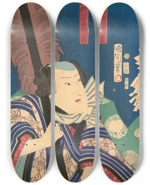 Triptych art skateboard deck of Kunichika Toyohara Lion Dance Scene From Kabuki Shishi Sh No Oto by Kunichika Toyohara (1835-1900)