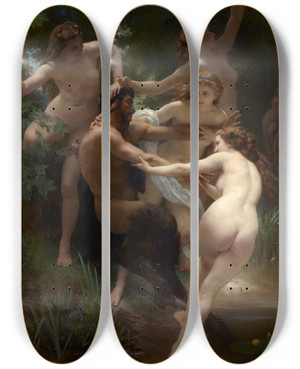 Triptych art skateboard deck of William Bouguereau Nymphs And Satyr by William Bouguereau (1825-1905)