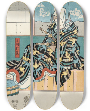 Triptych art skateboard deck of Utagawa Kuniyoshi Actor In The Role Of Ashikaga Yorikane In Date Kurabe Okuni Kabuki by Utagawa Kuniyoshi (1797-1861)