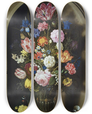 Triptych art skateboard deck of Ambrosius Bosschaert The Elder Bouquet Of Flowers In A Stone Niche by Ambrosius Bosschaert The Elder (1573-1621)