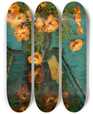 Triptych art skateboard deck of Jan Bohuszewicz Bouquet Of Camomiles And A Piano by Jan Bohuszewicz (1878-1935)