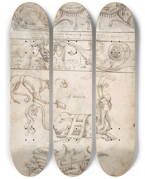 Triptych art skateboard deck of Andrs De Melgar Three Candelabra Grotesques by Andrs de Melgar (1554)