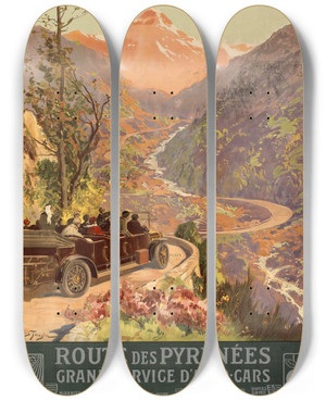 Triptych art skateboard deck of Louis Tauzin Route Des Pyrnes by Louis Tauzin (1845-1914)