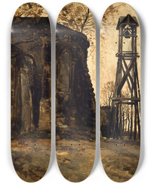 Triptych art skateboard deck of Edmond Charles Joseph Yon Le Chevet De Lglise Saintpierredemontmartre by Edmond Charles Joseph Yon (1836-1897)